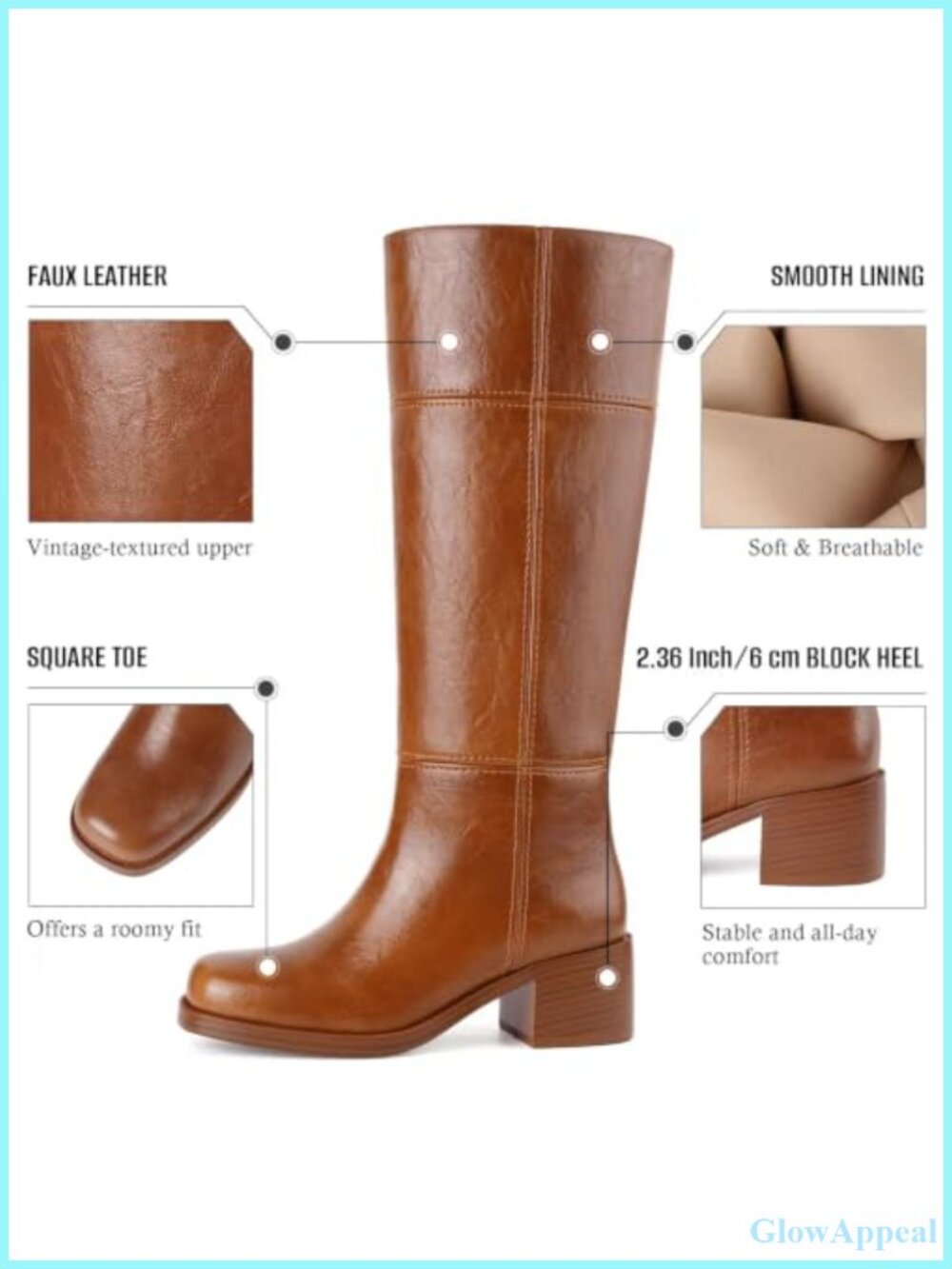 Knee High Boots Square Toe Chunky Block Heel Faux Leather Pull On - Picture 3 of 6